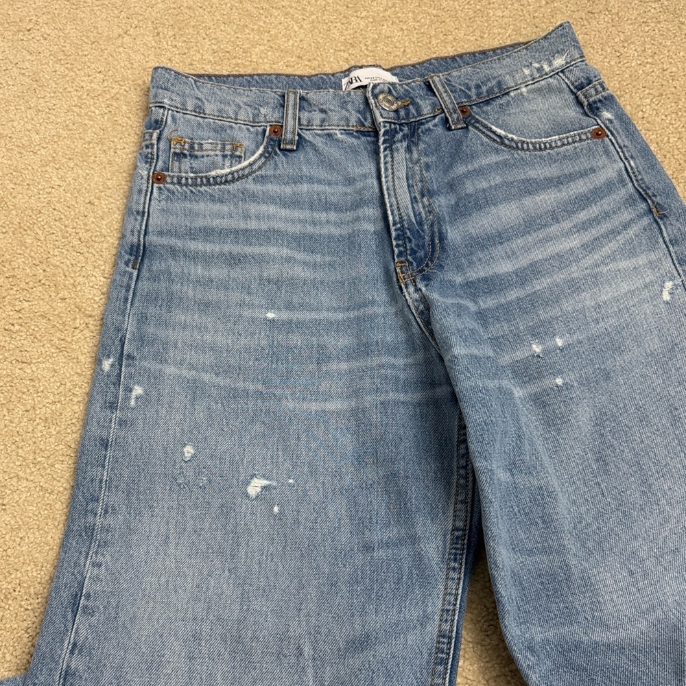 Zara Wide Straight Jeans Size 2 Fringed Hem - Picture 9 of 14